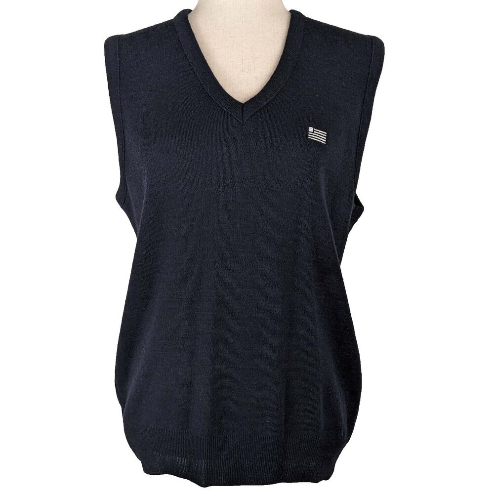 Winona Knitting Mills Women's LG Black V-Neck Sweater Vest Embroidered Flag